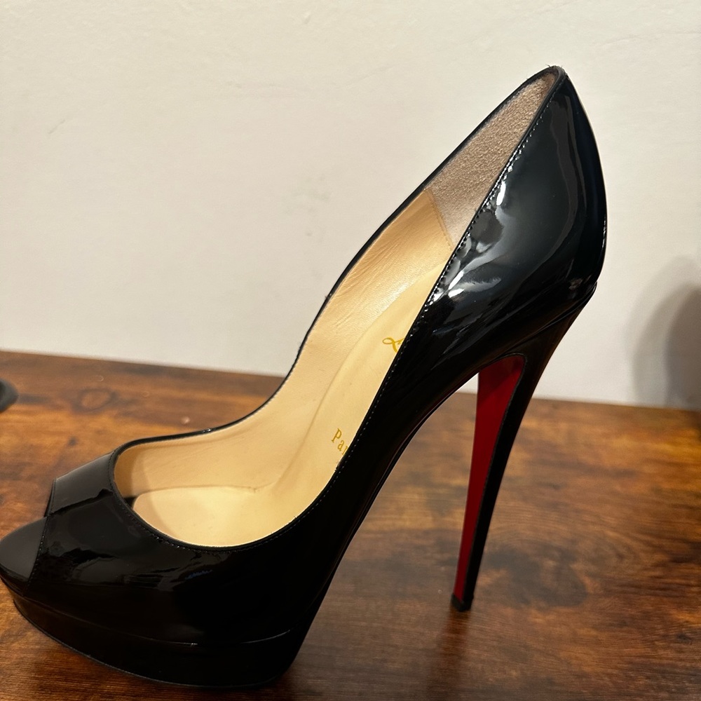 New CHRISTIAN LOUBOUTIN Lady Peep 150 Black Patent Platform Pumps- Size 40